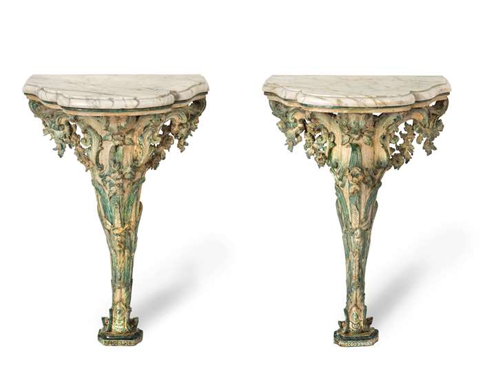 A Pair of Italian Rococo Green and White Painted Consoles with White and grey Marble Tops, Genoa, Mid-18th Century